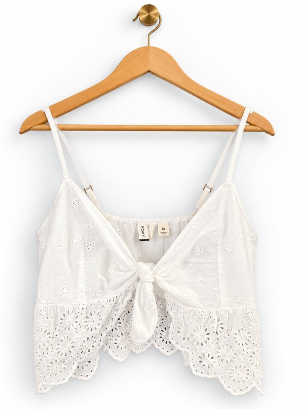 Roxy White Eyelet Tie Front Crop Top M Coastal Beach Vacation Boho